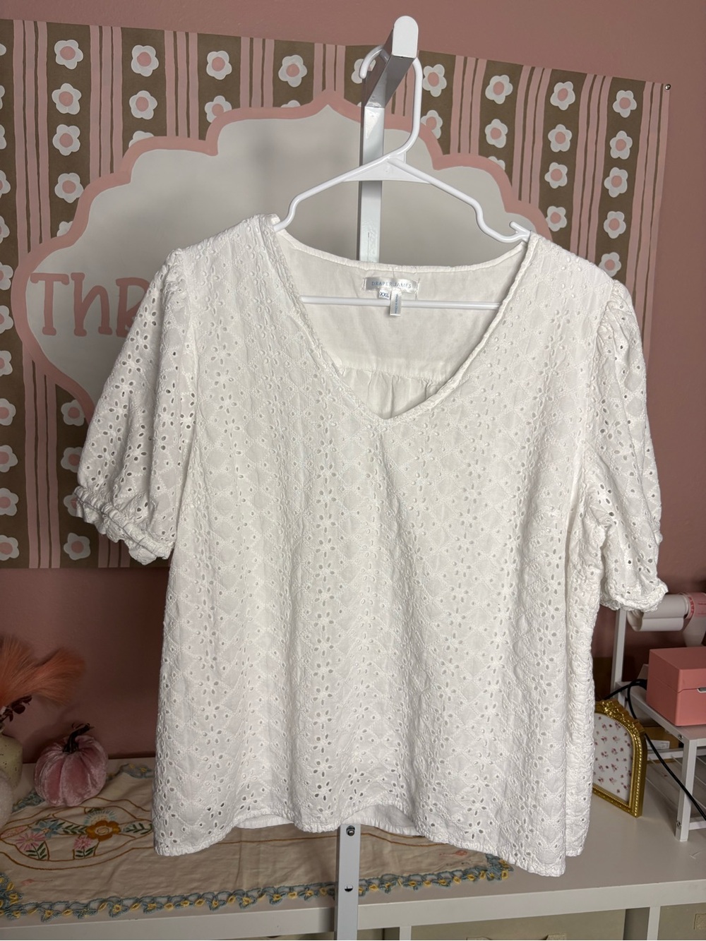 Draper James Eyelet V-Neck Puff Sleeve Top - White